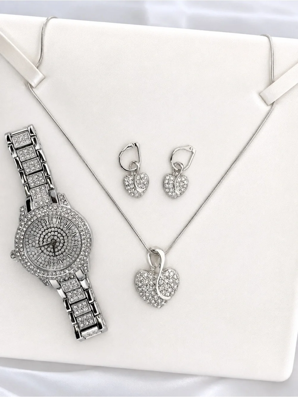 Silver Crystal Heart Necklace and Earring Set with Matching Watch